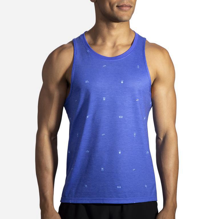 Brooks Men's Distance Graphic Running Tank Top Singapore - Amparo Blue/Run Happy Life (65731-PQUS)